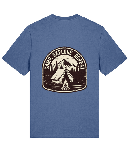 Blue t-shirt with a black camping graphic and 'Camp Explore Repeat' text on a white background