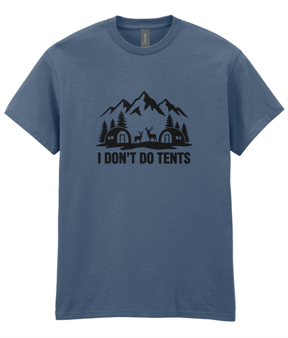 Green t-shirt with a mountain and cabin graphic and text 'I DON'T DO TENTS' on a white background