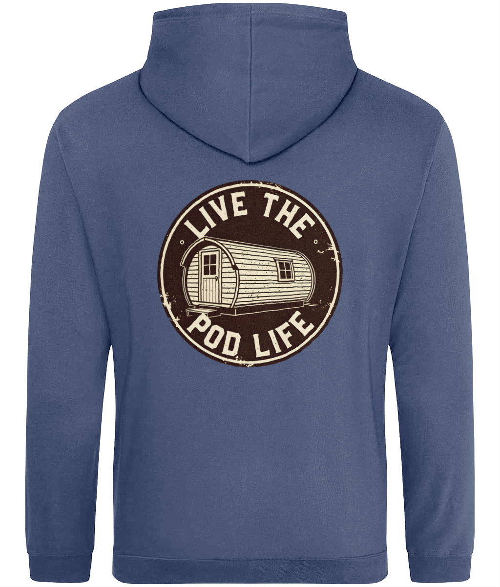 Blue hoodie with 'Live the Pod Life' graphic on the back