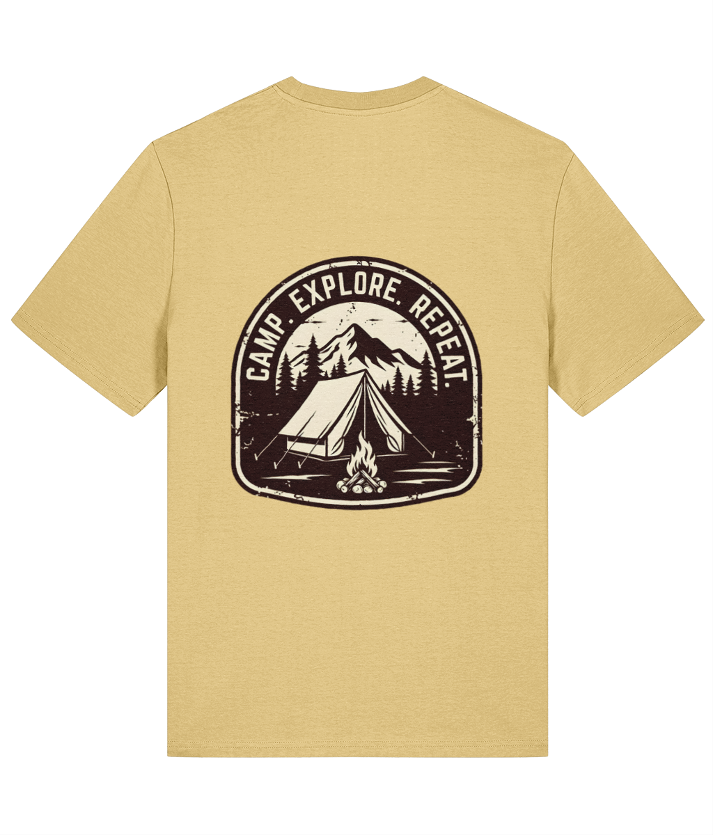 Yellow t-shirt with a black camping graphic and 'Camp Explore Repeat' text on a white background