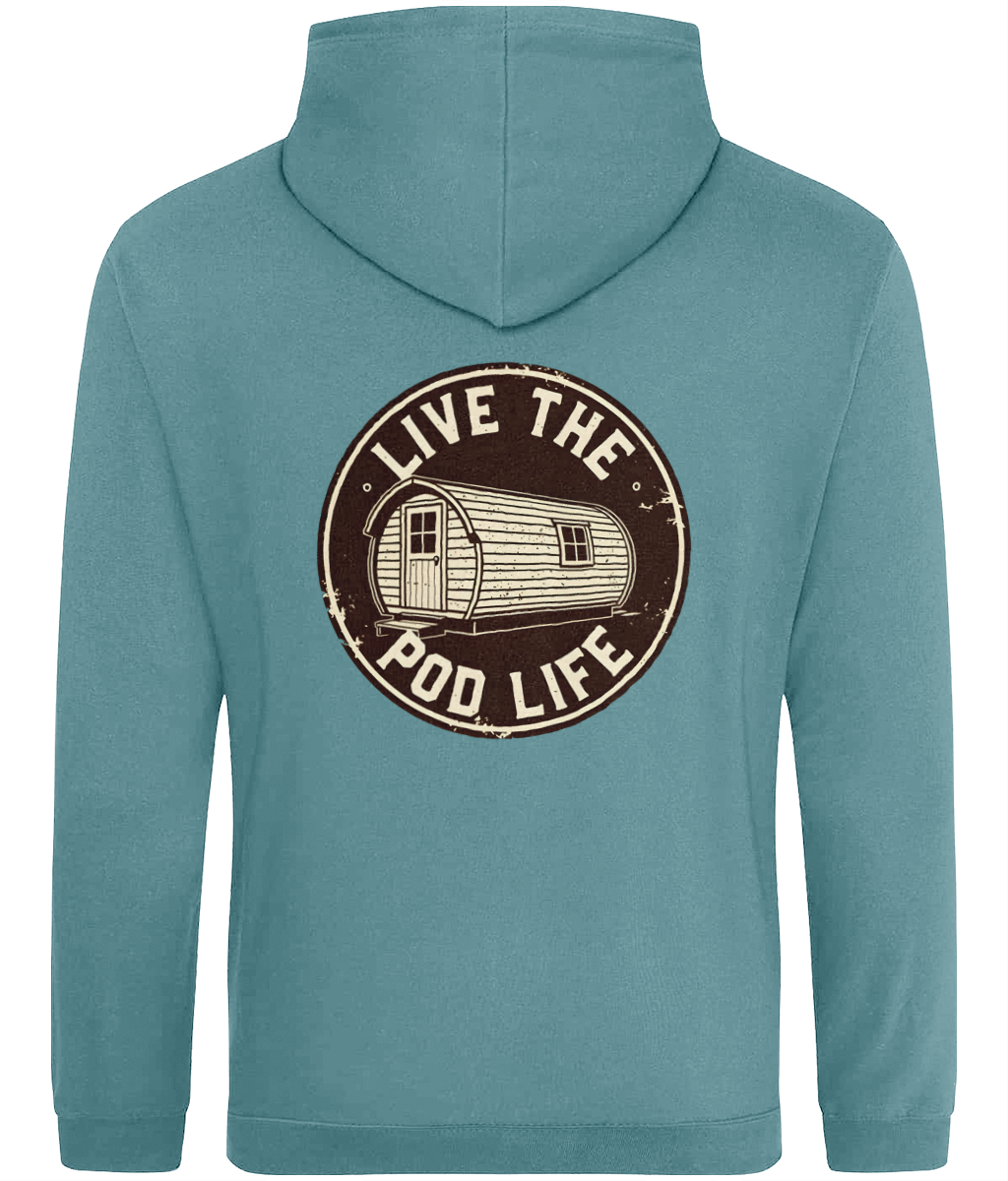 Teal hoodie with 'Live the Pod Life' graphic on the back against a white background