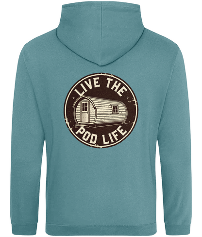 Teal hoodie with 'Live the Pod Life' graphic on the back against a white background