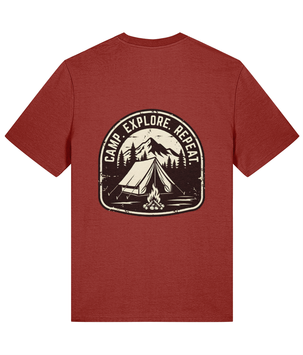 Red t-shirt with a black camping graphic and 'Camp Explore Repeat' text on a white background