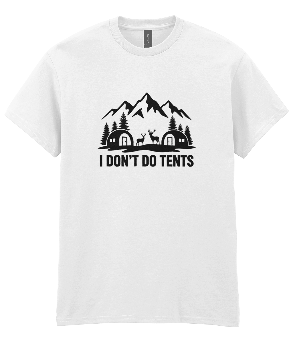 White t-shirt with black graphic design and text 'I DON'T DO TENTS' on a white background