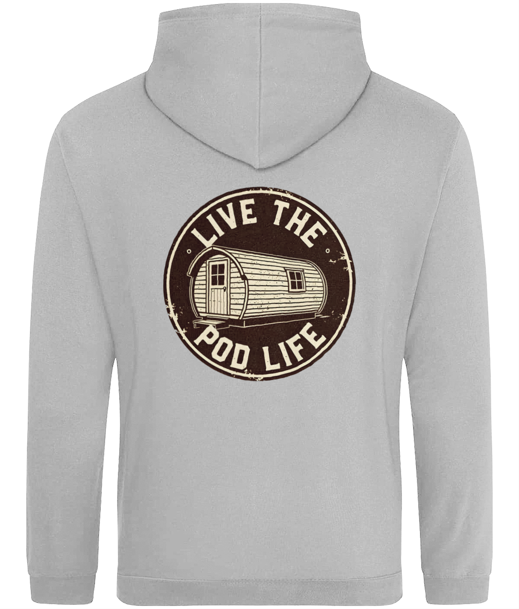 Gray hoodie with 'Live the Pod Life' graphic on the back
