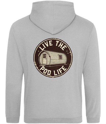 Gray hoodie with 'Live the Pod Life' graphic on the back