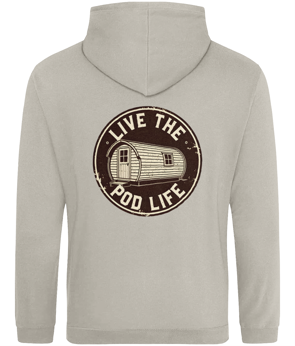Gray hoodie with 'Live the Pod Life' graphic on the back